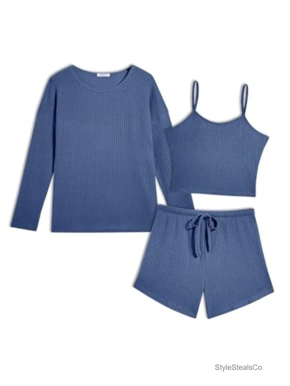 Crop Cami 3 Piece Waffle Knit Lounge Set, Pajama Set with Long Sleeve Top &